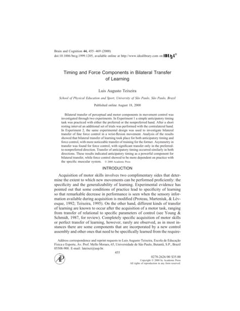 Timing and Force Components in Bilateral Transfer of Learning.